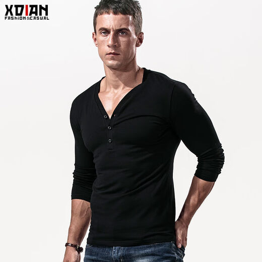 Fanshu Henry shirt long-sleeved T-shirt for men, low-neck American retro bottoming shirt, tight-fitting top, large V-neck spring and autumn style, white M 90-118Jin Jin equals 0.5 kg