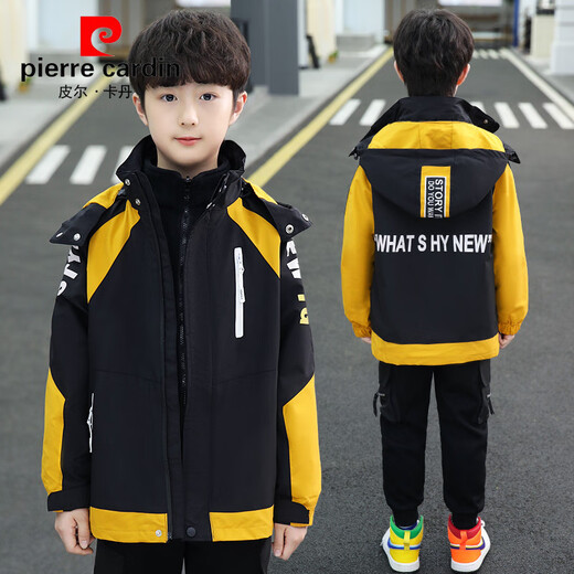 Pierre Cardin Boys Autumn and Winter Three-in-One Jacket for Medium and Large Children Detachable Jacket Thickened and Warm Winter Color Block Top Handsome Gray Cotton Thickened 160cm