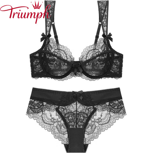 Triumph brand women's sexy lace bra set with wide straps European and American style black thin women's underwear burgundy + gift box + handbag 70A x Default selection of panty size and bra matching