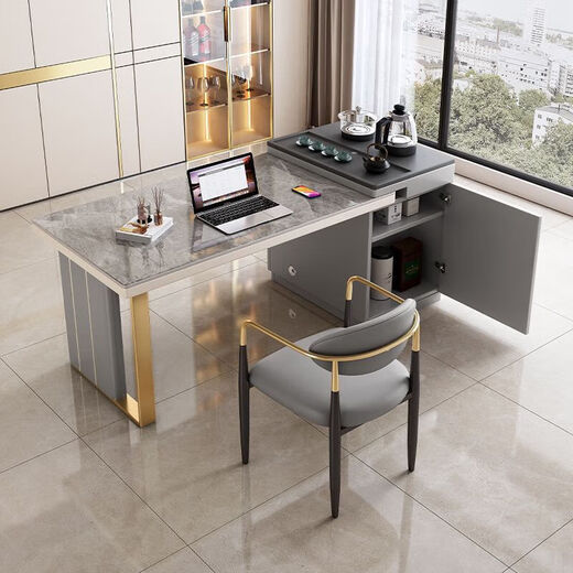Light luxury island tea table with desk integrated slate modern minimalist Kung Fu tea table office Internet celebrity boiling kettle integrated fire stone tea tray white frame (snow mountain white bright) 1.2 meter single tea table does not include chairs (comes with a kettle)