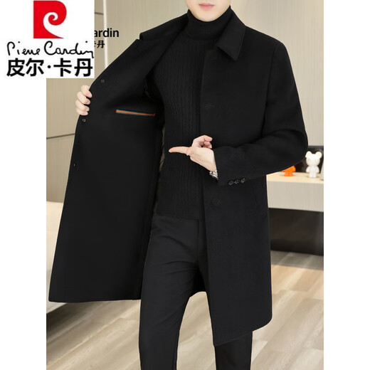 Pierre Cardin Winter Woolen Coat Men's Lapel Long Woolen Windbreaker Double-sided Woolen Coat Men's 6807 Black Double-sided Woolen + Down Liner XL 180