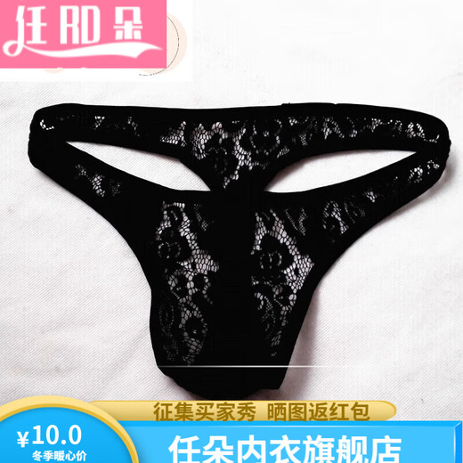 Renduo European and American men's lace thong underwear sexy underwear transparent 1 skin color L