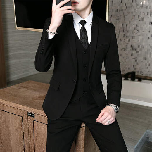 Playboy (PLAYBOY) men's suit Korean version of business professional formal groomsmen slim graduation dress wedding suit three-piece suit for men two-button black suit + pants with waist tie 6XL