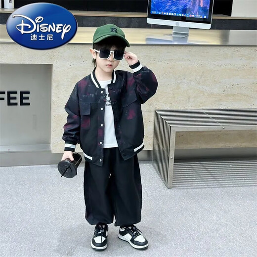 Disney (Disney) boys' autumn handsome baseball uniform suit new small and medium-sized children's street spring and autumn jacket sports two pieces black 150 yards