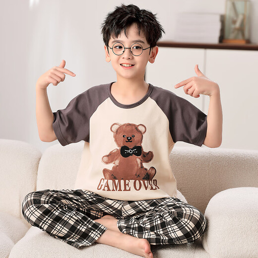 Manidor pajamas for boys summer new short-sleeved trousers for boys and girls for spring and autumn teenagers pure cotton children's air-conditioned home clothes N9902 short length 130 14 size recommended 125-135cm