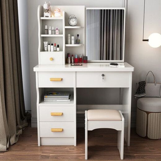 Zhongen dressing table hidden mirror push-pull bedroom modern minimalist dressing table desk integrated internet celebrity ins style with lock warm white left cabinet without light hidden mirror gift stool assembly x video to install by yourself