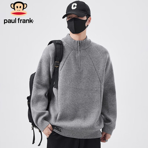 Paul Frank sweater men's autumn and winter half turtleneck zipper sweater men's warm loose sweater jacket gray XL