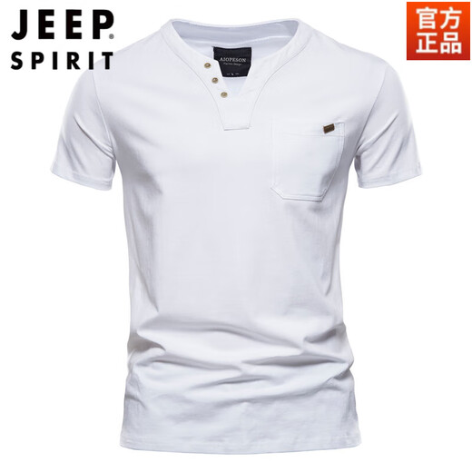 JEEP SPIRIT2025 new men's short-sleeved T-shirt pure cotton Henry open collar small v-neck top solid color slim bottoming shirt men's summer black 100% cotton XL weight recommendation 153-170Jin Jin equals 0.5 kg