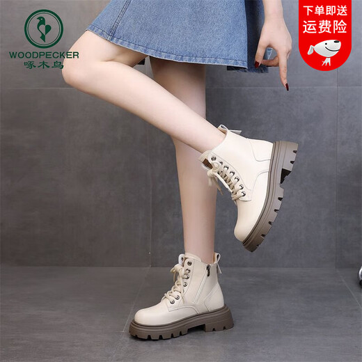 Woodpecker Women's Chaussures Nouvelles bottes en peluche de mode 2025 Bottes pour femmes en automne et hiver rétro Sponge Cake épais semelle petite cuir souple Bottes courtes sur le simple Single 37