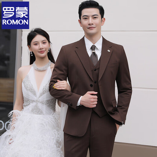 ROMON Wool Suit Suit Men's Business Casual Suit Men's Wedding Groom Groomsman Dress Professional Formal Jacket Single-breasted Dark Gray Three-piece Set Free Tie XL