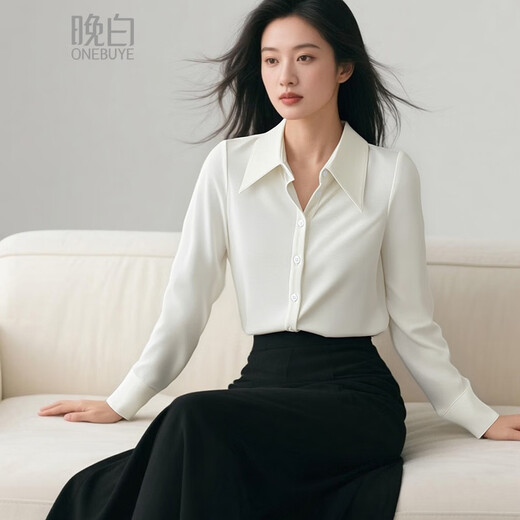 Late white new product 2025 autumn cotton fashion shirt casual lapel solid color skin-friendly commuting shirt for women off-white S
