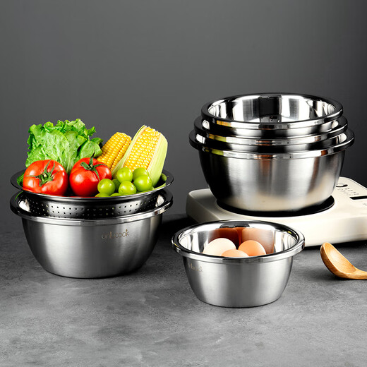 Onlycook304 stainless steel basin sieve set Large thickened drain basket vegetable basin rice sieve and basin 5-piece set