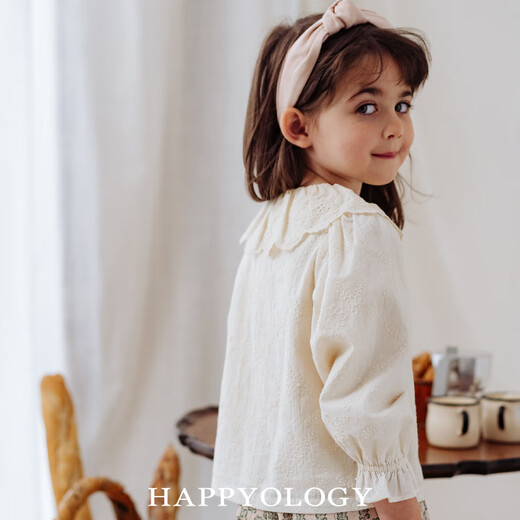 Happyology British children's tops girls embroidered shirt lapel spring and autumn embroidered long-sleeved shirt khaki 104 (104cm)