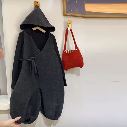 Children's Korean style hooded woolen overalls for boys and girls 2024 autumn and winter fashionable woolen overalls and stylish pants overalls + bottoming shirt (suit) 90 cm recommended height 86-95cm