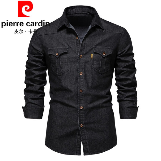 Pierre Cardin spring and autumn new slim denim lapel shirt American version trendy men's casual solid color jacket men's long-sleeved lining knitted navy XL