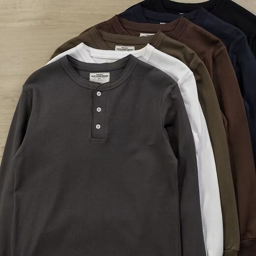 Yuandi Henry Collar Long Sleeve American Retro Long Sleeve T-Shirt Men's Simple Ami Khaki Heavy Henley Collar Bottoming Shirt Men Gray M