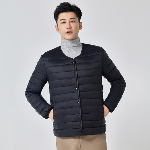Lightweight down cotton jacket for men with short inner lining, autumn and winter new casual warm collarless inner and outer cotton coat black 2XL 135-150Jin Jin is equal to 0.5 kg