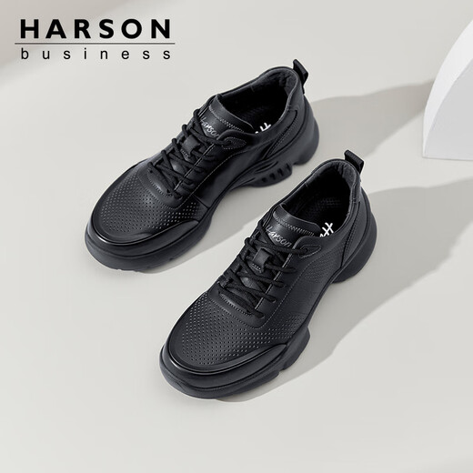 Harson Herren-Herbst- und Winter-Freizeit-Lederschuhe, Pendler, Business, dicke Sohle, Erhöhung, Sport, Wanderschuhe, Schwarz, perforiert, 42