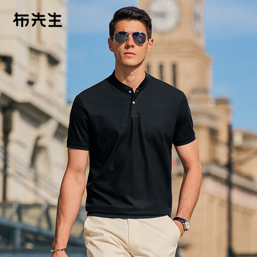 Mr. Bu's fashionable stand-up collar pure cotton men's T-shirt spring and summer new slim black short-sleeved business casual AT12023 black L (175)