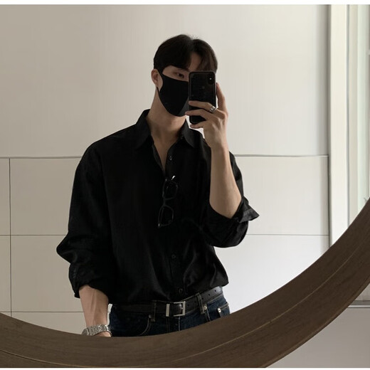 Мужская рубашка Kennedy, высококачественная внутренняя одежда с длинными рукавами, летнее весеннее и осеннее пальто, свободная рубашка из ледяного шелка, черная - с длинными рукавами, слегка эластичная, свободная - рубашка 2XL 170CM-178CM