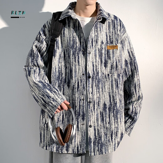 RLZN胖子大码扎染小香风夹克男春秋加肥大码潮牌宽松痞帅翻领学生外套 A001-J683蓝色 XL140-160斤