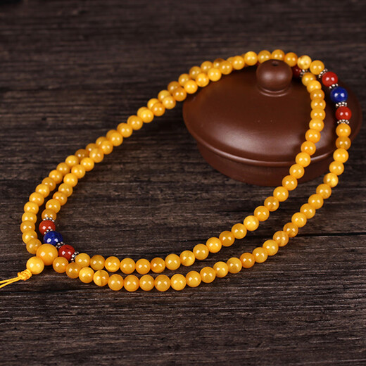 Minol Boutique Chicken Fat Yellow Round Beeswax 108 Buddhist Beads Bracelet Wound 3 times with Southern Red 11.15g