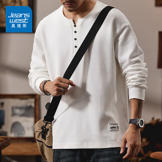 Jeanswest 2025 Autumn New Cotton Henley Collar Men's Sweater Loose Long Sleeve T-Shirt American Top T White Bottoming Shirt Black M