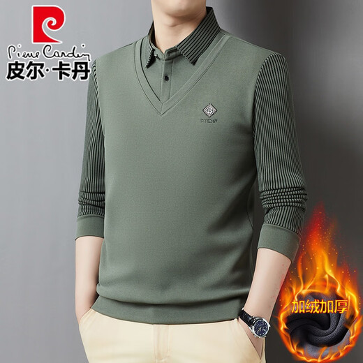 Pierre Cardin brand autumn and winter men's fake two-piece velvet collar striped casual pullover bottoming shirt men's top khaki 4XL 130-