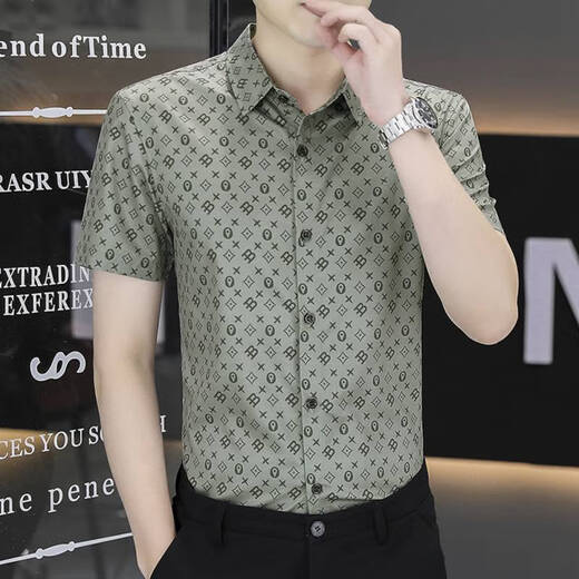 以堡狼高端夏季男衬衫短袖弹力冰丝数码印花薄款休闲男士衬衣修身 7029白色 3XL 【推荐160-175斤】