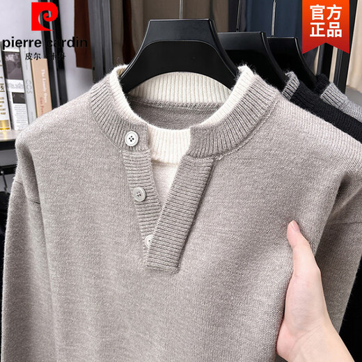 Pierre Cardin Henry collar sweater men's fashion loose fake two-piece pullover sweater autumn and winter casual thickened bottoming shirt light gray XL