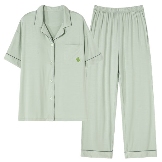 莫代尔带胸垫睡衣女士夏季短袖长裤开衫莫代尔凉感家居服夏天2025年新款 X12111# M