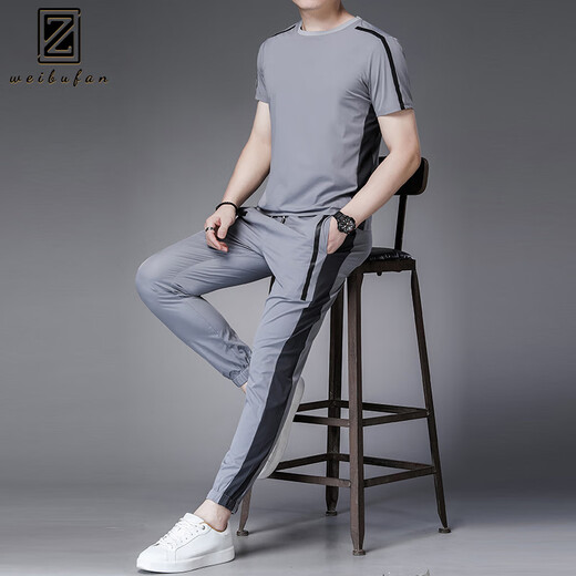 WEIBUFAN sports suit men's summer casual outdoor sportswear short-sleeved ice silk quick-drying T-shirt men's running wear fitness clothes 9805 medium gray XL (130-145Jin Jin equals 0.5 kg)