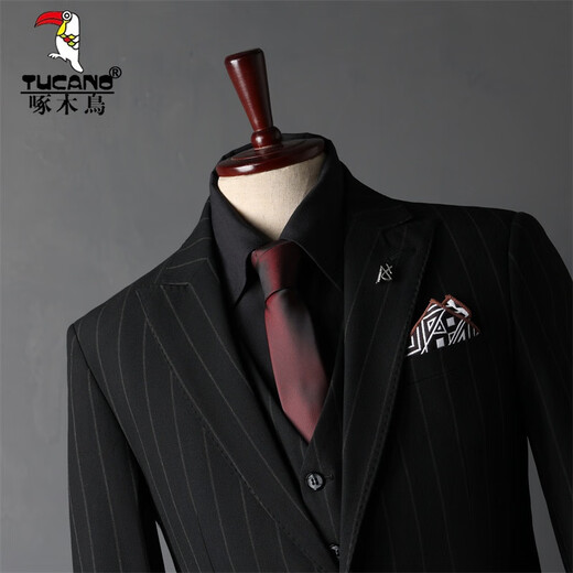 Woodpecker (TUCANO) Striped Suit Men's Full Groom's Suit British Style Groomsmen's Clothes Business Formal Wedding Suit Men's Black (suit + trousers) 50/L (112-125Jin Jin equals 0.5kg)