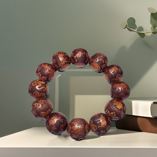 Ji Fangyuan large-leaf huanghuali exquisitely carved twelve zodiac signs, perfect ethnic style Buddhist beads bracelet, cultural toy bracelet for men and women, twelve zodiac signs 20mm, perfect style, gift plate toy bag