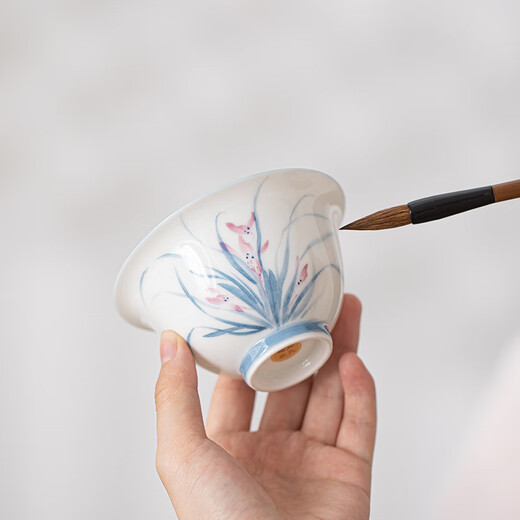 Su's Ceramics Hand-painted Mutton Fat Jade Porcelain Orchid Ercai Tea Bowl Works by Intangible Cultural Heritage Teacher Su Aizhen