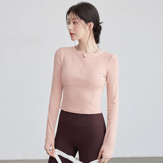 Bright dip autumn and winter yoga fitness running long-sleeved slimming high-end half-zip Pilates yoga clothing top for women apricot S