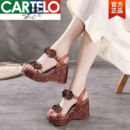 CARTELO brand ethnic style flower hollow thick-soled sandals for women to wear 2025 summer summer genuine leather retro wedge high-heeled women's shoes green 36