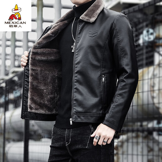 Scarecrow (MEXICAN) Haining Leather Men's Autumn and Winter Thickened Warm Jackets Young and Middle-aged Fur Collar Soft Leather Jackets Winter Men's Brown Velvet Thickened M Recommended 100-115 Jin Jin equals 0.5 kg