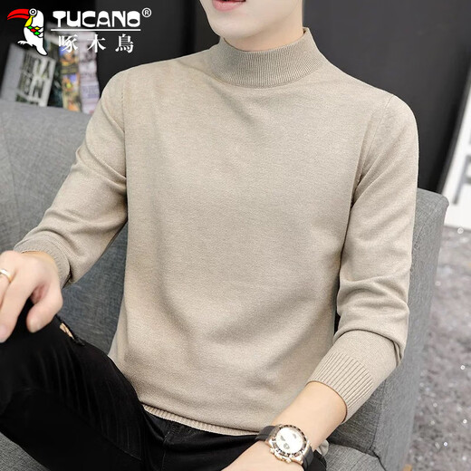 Woodpecker (TUCANO) Sweater Men's Autumn and Winter Half Turtle Collar Bottoming Sweater Loose Casual Warm Clothes Men's Dark Gray XL
