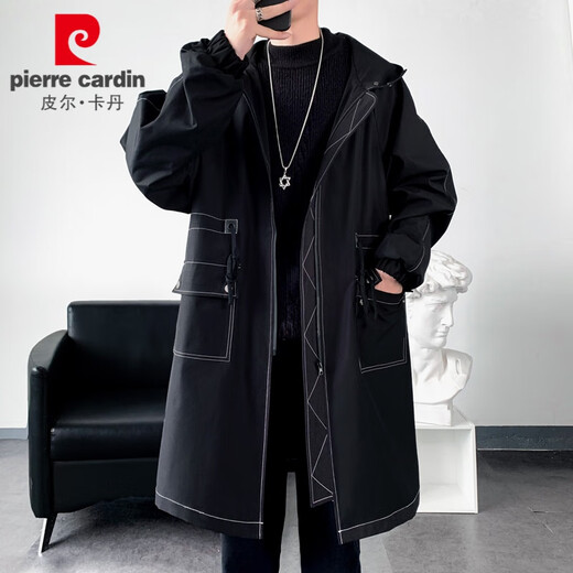 Pierre Cardin (pierre cardin) windbreaker jacket men's high-end spring and autumn mid-length British coat trendy brand hooded Korean style casual jacket black plus velvet L 120 to 150 Jin Jin equals 0.5 kg can be worn