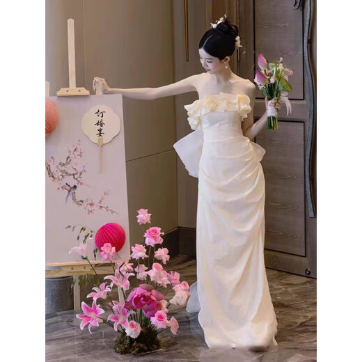 创京懿选婚纱礼服晚女宴会感小众晨袍女新娘订婚结婚抹胸轻婚纱迎宾旅拍出 杏色 S