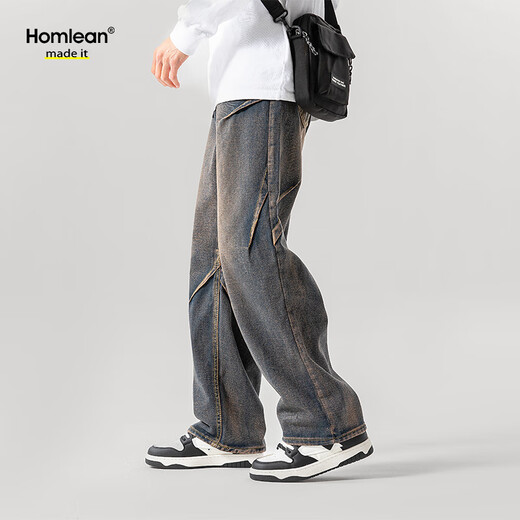 Homlean washed retro jeans men's spring and summer American loose pleated design straight long pants HS04 retro blue XL