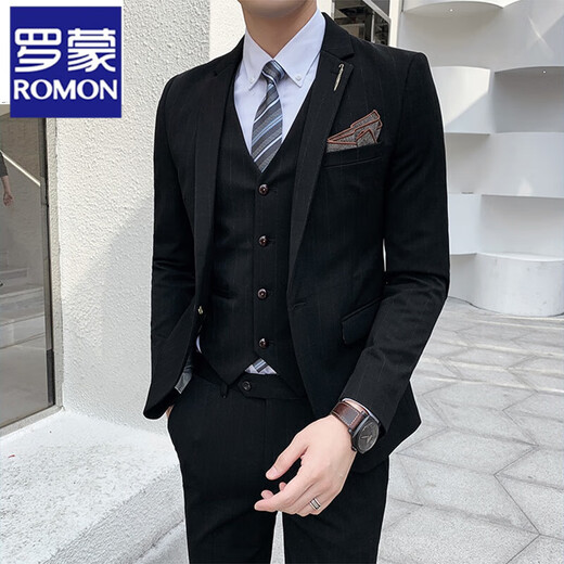 ROMON suit men's three-piece Korean style slim-fitting business professional interview formal striped suit groom's wedding dress dark gray one-piece suit M