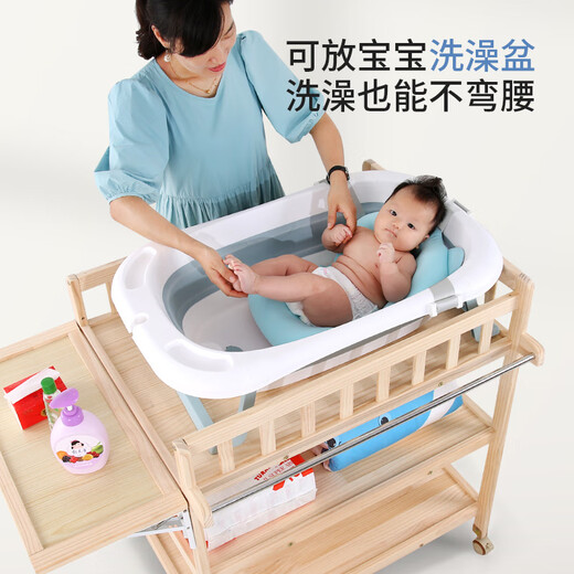 Baby bangbang solid wood diaper table, baby care table, newborn massage and bathing table, multi-functional baby changing table, double-layer diaper table (solid wood partition) + storage box + cotton pad (color remarks)