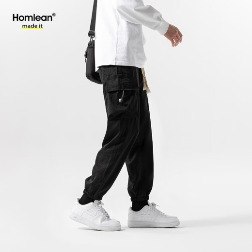 
Homlean American high street casual pants men's summer paratrooper tying feet versatile work pants niche functional style 9913 black 2XL
