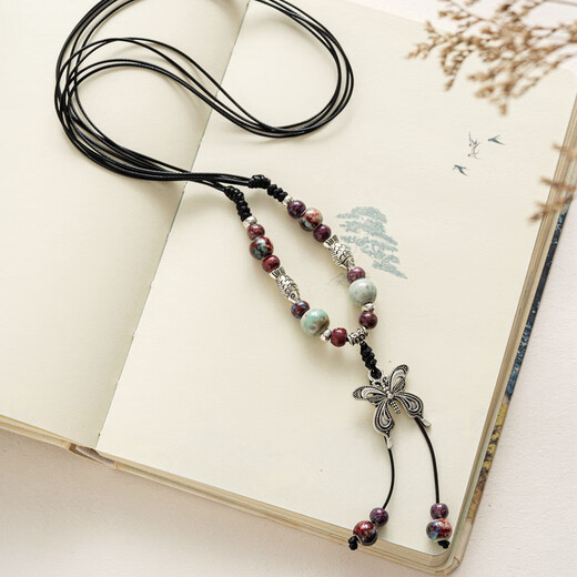 Bai Qixin New Chinese Style Necklace Butterfly Ethnic Style Ceramics Ancient Style Women's Hanfu Cheongsam Accessories Sweater Chain Pendant Literature and Art New Chinese Style Butterfly Necklace Imperial Concubine Zui