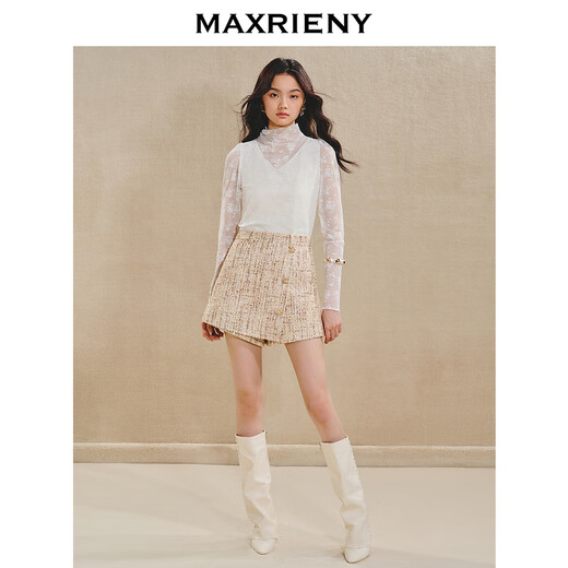 MAXRIENY exquisite romantic lace chiffon shirt temperament slim slim turtleneck top bottoming shirt for women in white M