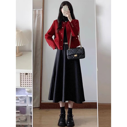 Oudihui 2025 New Autumn Dress Women's Xiaoxiangfeng Red Jacket Clothing Outfit Autumn and Winter Skirt Women's Suit Red Jacket + Black Skirt + Bottoming Shirt XL Recommended 120-135 Jin Jin equals 0.5 kg