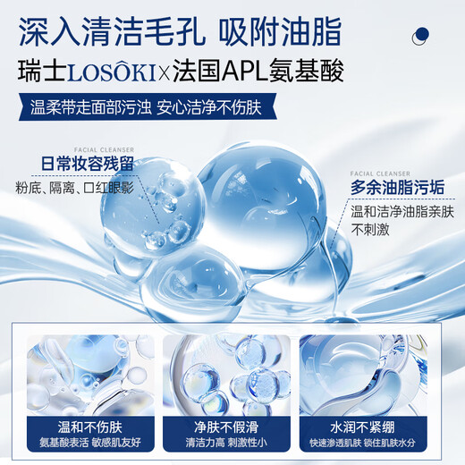 Losoki Switzerland imported anti-acne and mite cleansing milk amino acid for men and women to control oil, remove acne marks, blackheads and close pores cleansing milk, double acne removal, facial cleansing milk 200ml*2