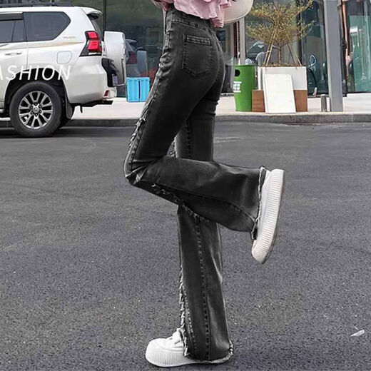 Mu Yilin Jeans para mujeres en primavera y otoño nuevo gris negro negros ligeramente acampanados de cintura delgada diseño delgado de nicho de lana delgada pantalones acampanados 677 gris negro 26